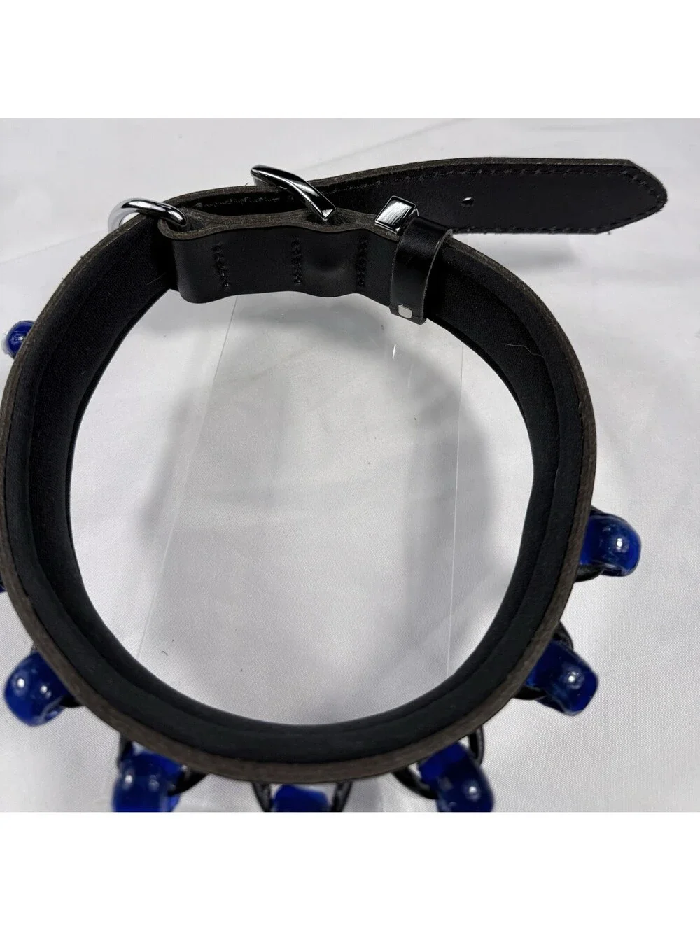 Leather Dog Collar Top Quality Padded Neck W/ Blue White Round Beaded Look